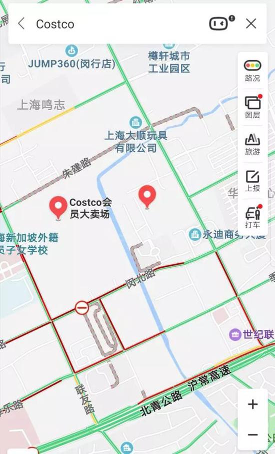 Costco门店周边道路大部分区域为红色拥堵/网络图