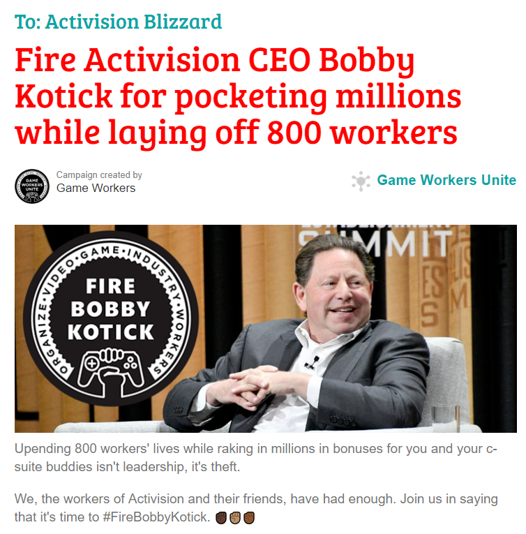 （美国游戏公会请愿解雇Bobby Kotick，来源：Coworker.org）