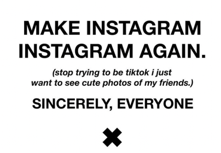 “住手吧，别想成为TikTok了， 　　我只想看朋友们的可爱照片。” 　　Instagram上被转发的倡议