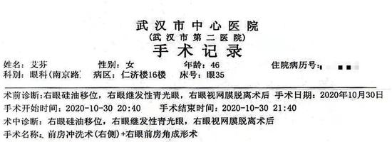 术中诊断显示"右眼孔源性视网膜脱落,屈光不正(右眼高度近视),干眼症"