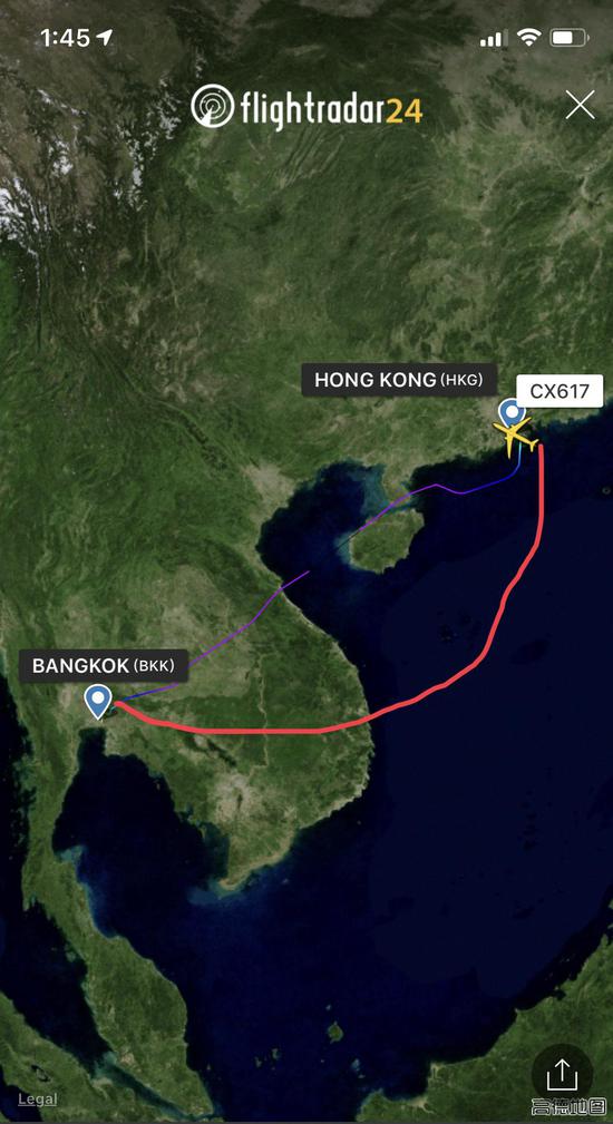 以国泰的香港飞曼谷航班为例,红线为绕行示意,非实际航线