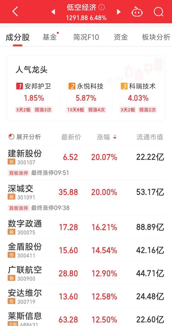 “低空经济”又火了，三大概念指数涨超6%，两股20CM涨停