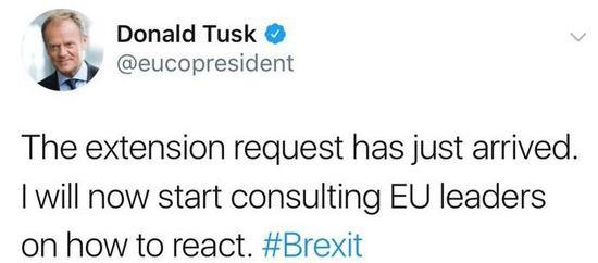 图斯克表示,欧盟方面已收到来自英国的延长脱欧期限申请信。(图片来源:推特)