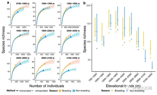 黄色:繁殖季节的物种丰富度的估计值;蓝色:冬季的物种