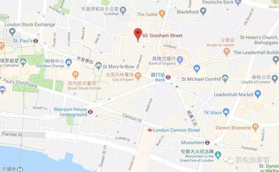 新楼地址是60 Gresham Street，地处伦敦金融城核心区，最近的地铁站是Bank