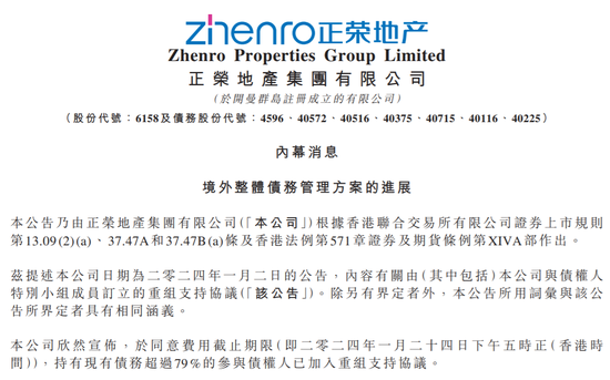 正荣地产： 持有现有债务超79%参与债权人已加入重组支持协议