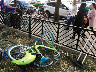 11月14日，一辆酷骑单车被遗弃在花坛里。酷骑单车频现押金退款难引发消费者集体维权。新京报记者 浦峰 摄