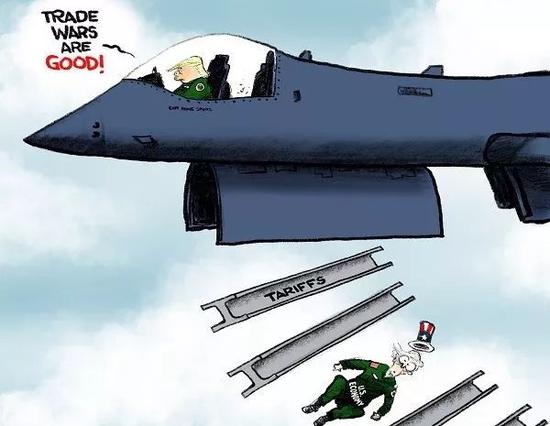 ▲【贸易战】美国总统特朗普一边开着战机说“打贸易战可好了”，一边发射“关税”导弹，同时坠落的还有“美国经济”。（美国报刊漫画家协会网站）
