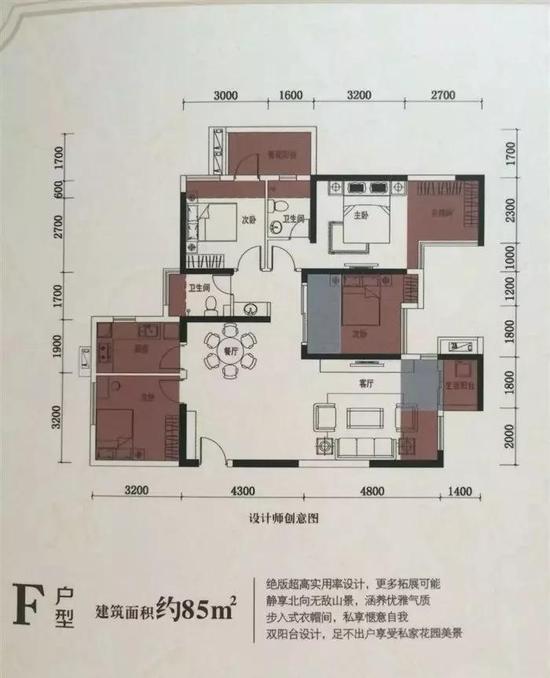 (笔架山公馆85㎡四房户型图,灰褐色部分为赠送面积)