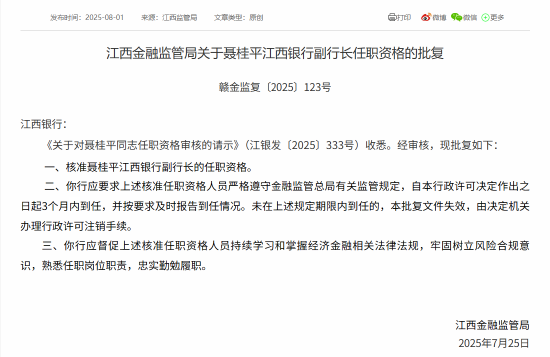 聶桂平獲批擔(dān)任江西銀行副行長(zhǎng)、董事會(huì)秘書(shū)