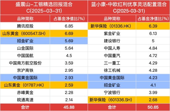 (备注:黄色单元格表示A+H股双重配置股票,蓝色单元格表示两只基金共同持有的股票。数据来源:基金2025年一季报。)