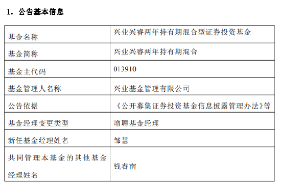 兴业基金“老将”钱睿南将卸任 新任基金经理近三年回报亏超38%，能否逆风翻盘？