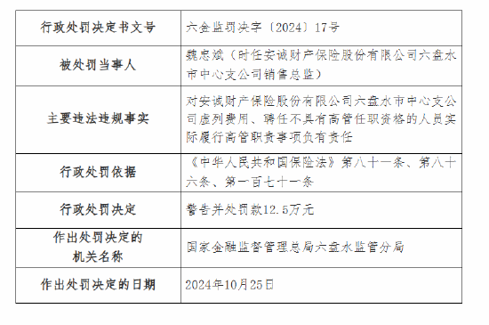 安诚财险六盘水市中心支公司被罚29万元：因虚列费用 聘任不具有高管任职资格的人员实际履行高管职责  第4张