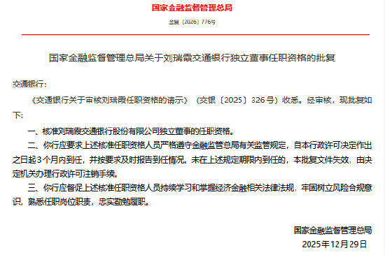 刘瑞霞获批担任交通银行独立董事