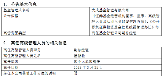 大成基金温智敏因个人原因离任 新任石国武为副总经理