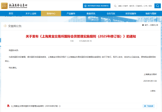 上海黄金交易所发布《上海黄金交易所国际会员管理实施细则(2025年修订版)》。