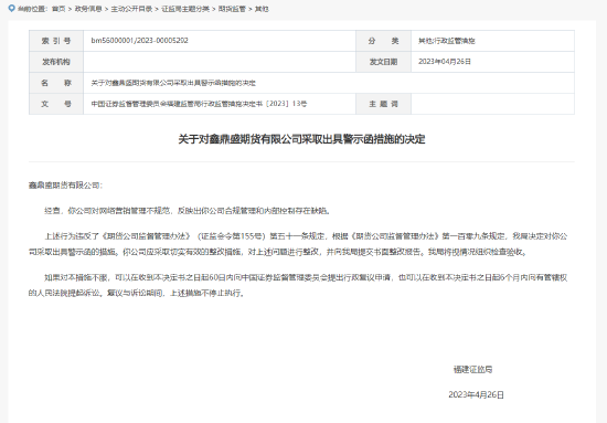 网络营销管理不规范 福建证监局对鑫鼎盛期货有限公司出具警示函