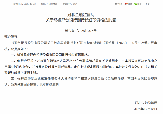 邢台银行行长、2名副行长、董事会秘书的任职资格获批