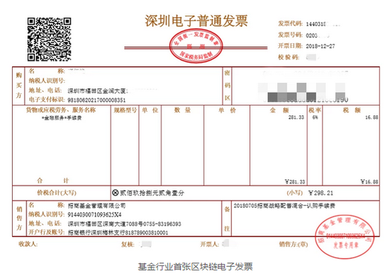 招商基金开具基金业第一张区块链电子发票