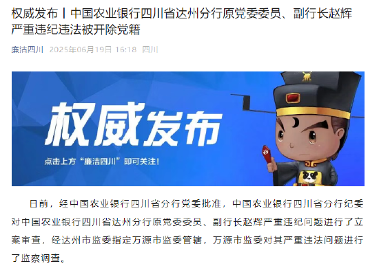 中国农业银行四川省达州分行原副行长赵辉被开除党籍 第1张 中国农业银行四川省达州分行原副行长赵辉被开除党籍 第1张
