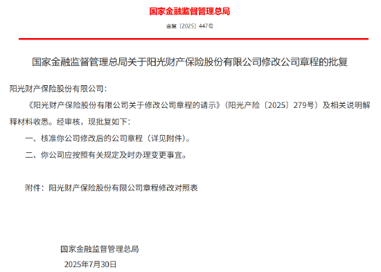 阳光产险获批修改公司章程