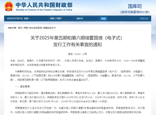 财政部:7月10日至7月19日将发行不超过450亿元两期电子式储蓄国债 第1张 财政部:7月10日至7月19日将发行不超过450亿元两期电子式储蓄国债 第1张