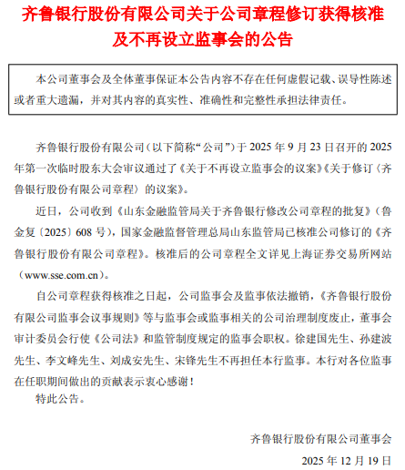 齐鲁银行：公司章程修订获得核准 不再设立监事会