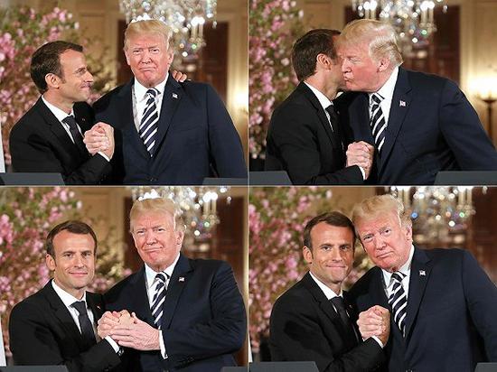 4月24日，特朗普和马克龙在举行的联合新闻发布会上握手、亲吻。来源：视觉中国