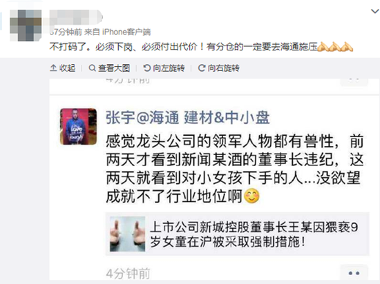 海通证券张宇称新城董事长猥亵女童是有兽性 