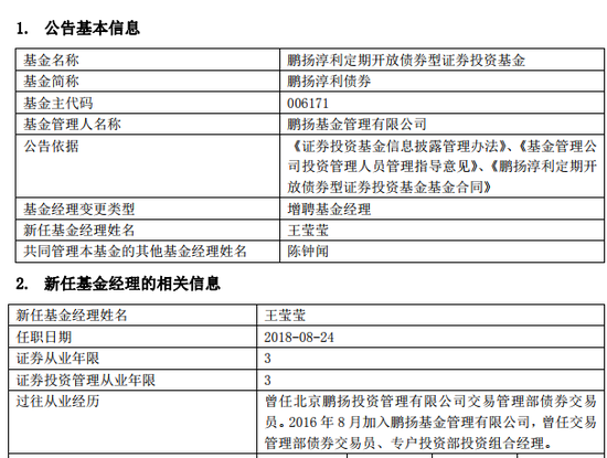 鹏扬淳利等三只产品增聘王莹莹为基金经理