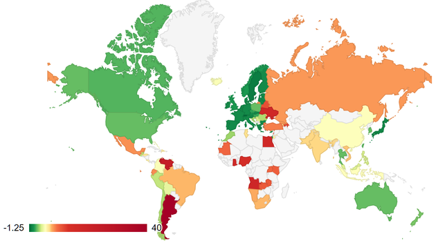 全球经济体利率热力图（来源：Countryeconomy.com、新浪财经整理）