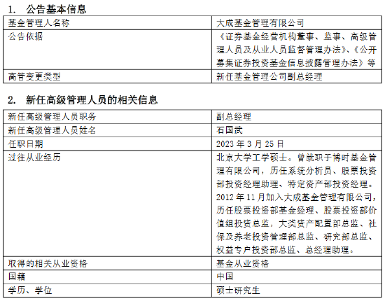 大成基金温智敏因个人原因离任 新任石国武为副总经理