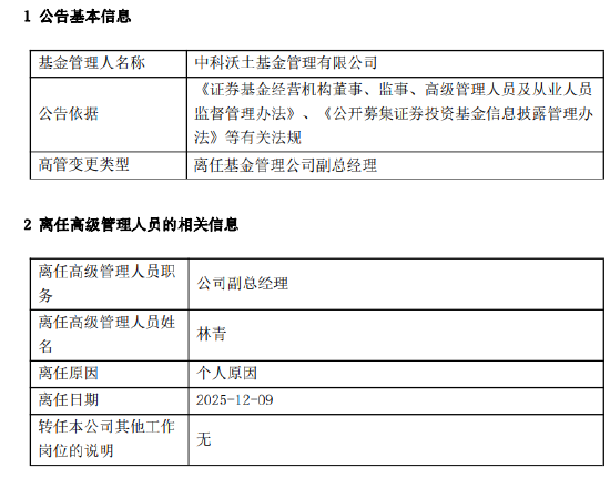 中科沃土基金副总经理林青离任 中小公募差异化突围路在何方？