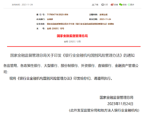 金融监管总局印发《银行业金融机构国别风险管理办法》