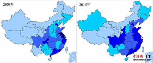 注：图中颜色越深代表该地区在全国购买该类产品的占比越高，占比由低到高依次为下同。