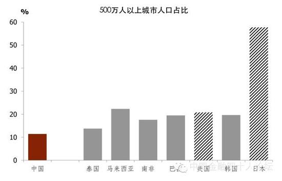 图10 中国仅有11%的人生活在总人口超过500万的超大城市