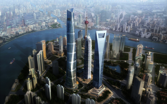 图中最高楼为三菱电机公司将交付全球最快电梯的中国“上海中心大厦”