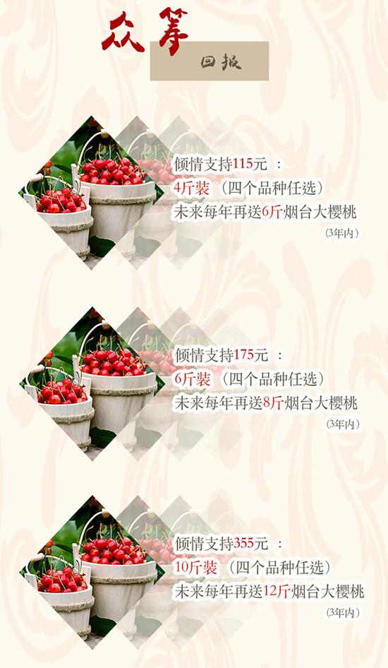 淘宝众筹上“烟台大樱桃”项目的回报介绍。