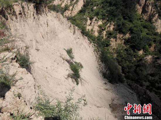 山西省吕梁市中阳暖泉煤业有限公司采煤导致耕地塌陷裂缝、黄土滑坡阻断道路,2500余株核桃树处于濒死。图为现场的黄土滑坡。 本文图片均为 中新网 图
