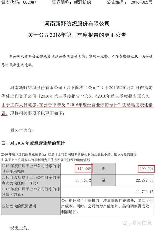 河南上市公司新野纺织三季报闹乌龙:数据竟然