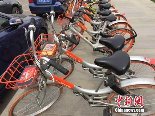 多辆共享单车车筐内被贴上“小广告”。中新网 吴涛 摄