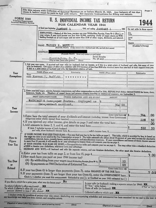 巴菲特人生第一张报税单曝光：14岁时赚了592美元