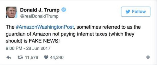 特朗普推特怒怼贝索斯的亚马逊，称其不缴“互联网税”。
