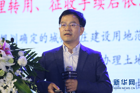 8月24日，国土资源部执法检查局副局长岳晓武在论坛上发表主旨讲演。