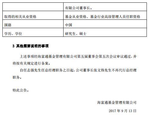 刘颂离任后 海富通基金新聘任志强为总经理|任