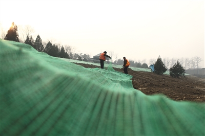 2016年12月17日，雾霾红色预警期间，南海子公园工人在施工工地上铺绿纱防止尘土飞扬。新京报记者 浦峰 摄