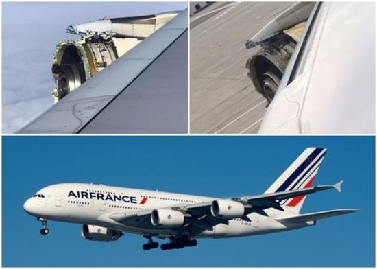 有乘客拍下引擎损毁情况（图左上及右上）。图下为法航A380班机。（互联网图片）