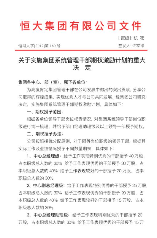 恒大史上最牛期权激励落地 7.4亿股重赏8000名