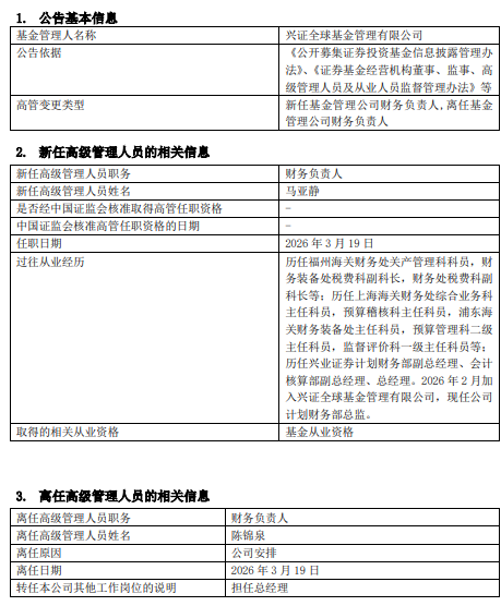 兴证全球基金人事连动：总经理卸任财务负责人，知名基金经理任相栋添搭档