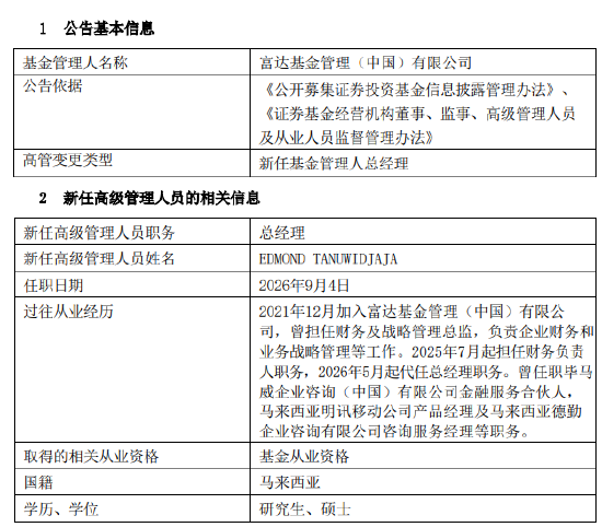 富达基金新帅落定：马来西亚籍财务老将EDMOND TANUWIDJAJA转正 45亿规模压力待解